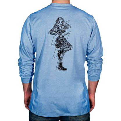 Flame Resistant light blue long-sleeve HVI x Benchmark HV Vixen FR shirt with black Vixen design on the back