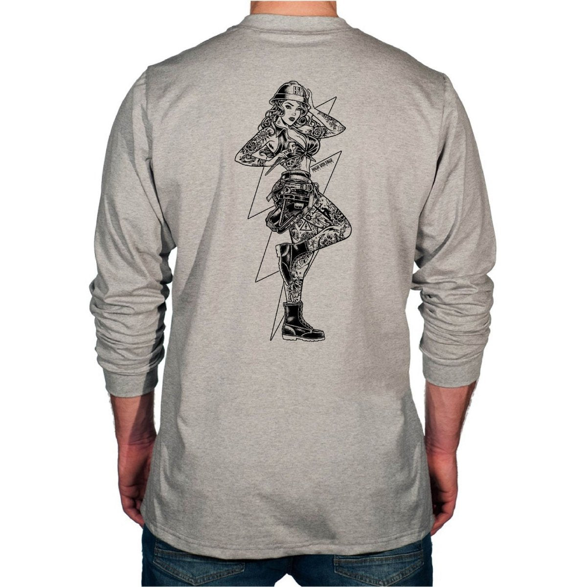 Flame Resistant light gray long-sleeve HVI x Benchmark HV Vixen FR shirt with black Vixen design on the back
