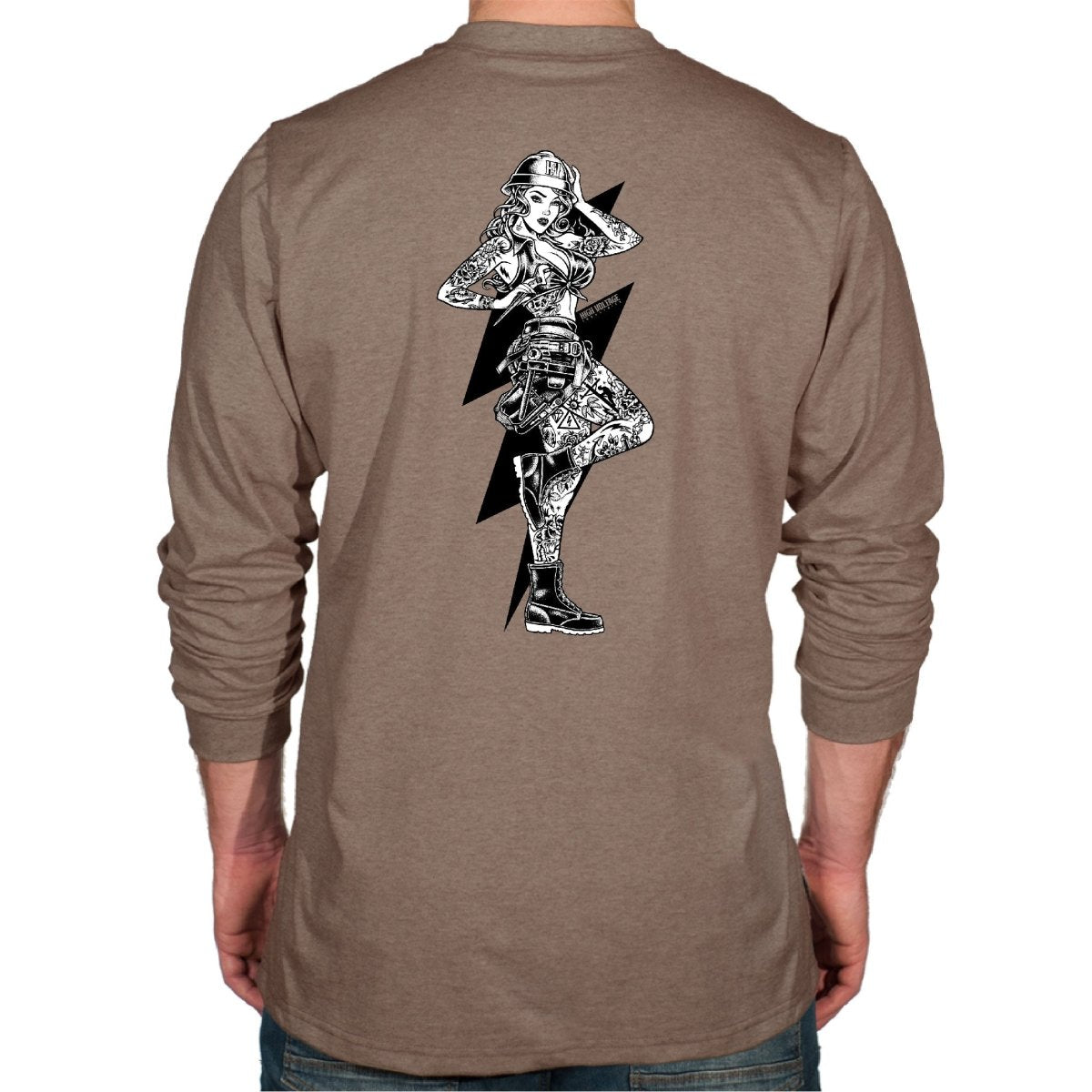 Flame Resistant Heather Brown long-sleeve HVI x Benchmark HV Vixen FR shirt with black Vixen design on the back
