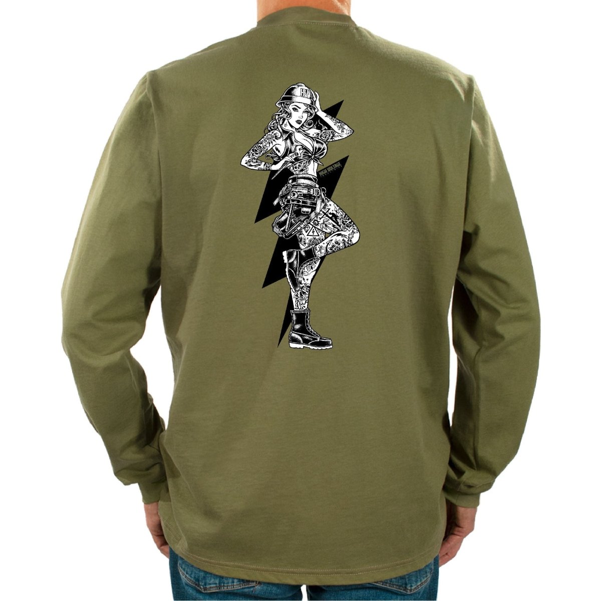 Flame Resistant Army Green long-sleeve HVI x Benchmark HV Vixen FR shirt with black Vixen design on the back