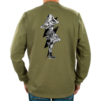 Flame Resistant Army Green long-sleeve HVI x Benchmark HV Vixen FR shirt with black Vixen design on the back