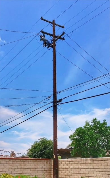 Johnny Garcia climbing a utility pole to repair overhead power lines