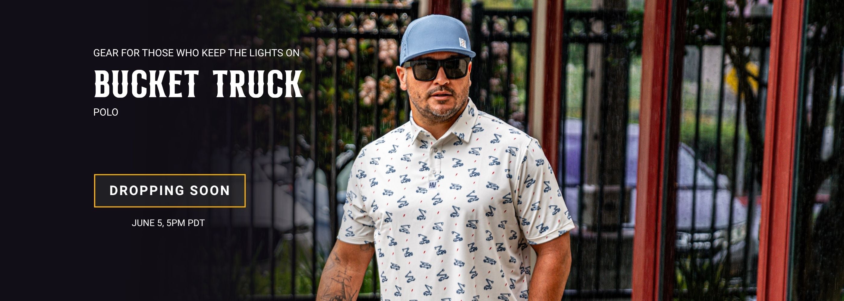 Man wearing a patterned shirt and cap with promotional text for 'Bucket Truck' brand.